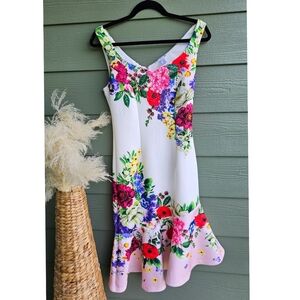 Venus White Vibrant Floral Sleeveless Ruffle Hem V- Back Elegant Brunch Dress